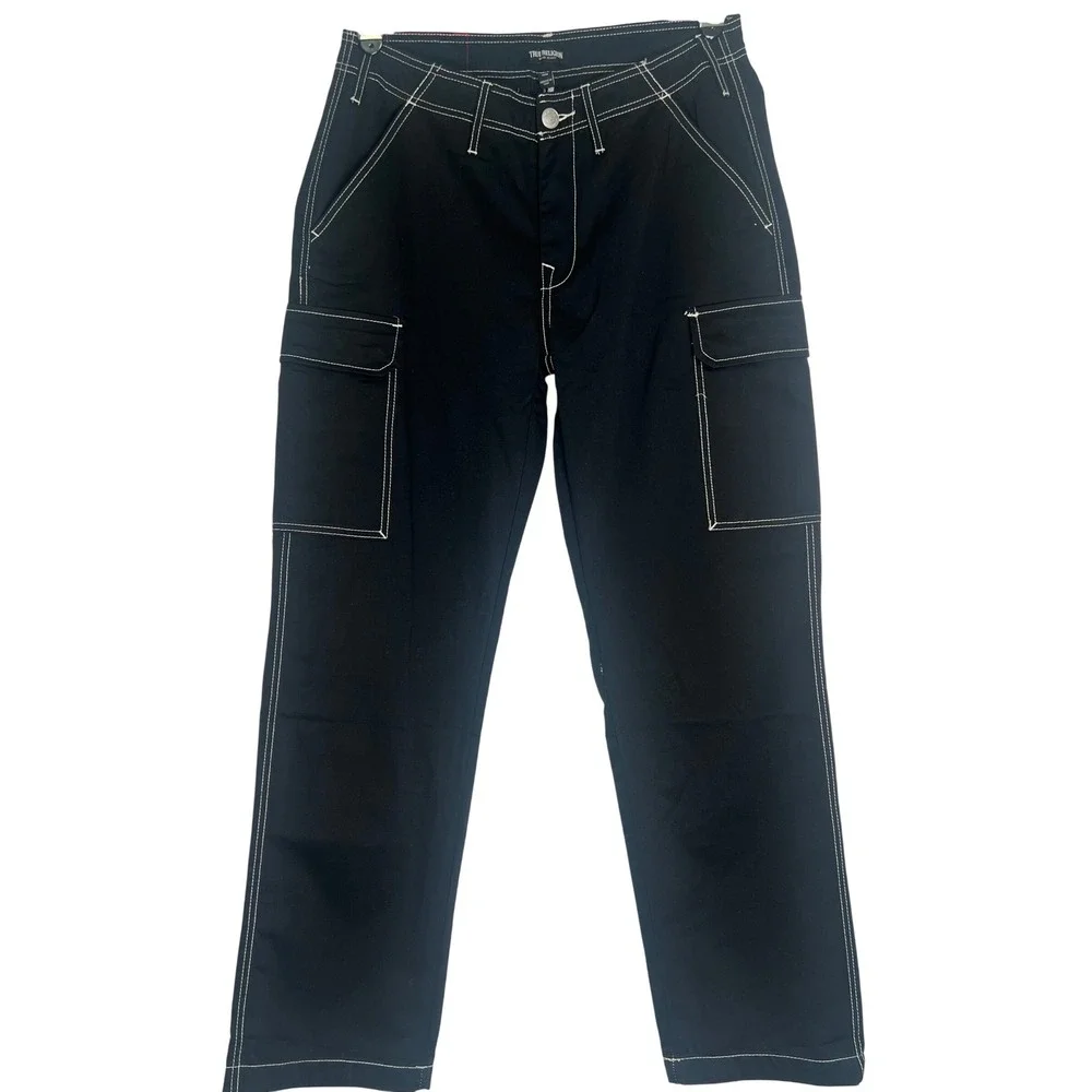 NWT True Religion Mens Black Contrast Stitch Cargo Pants 32 Straight Leg